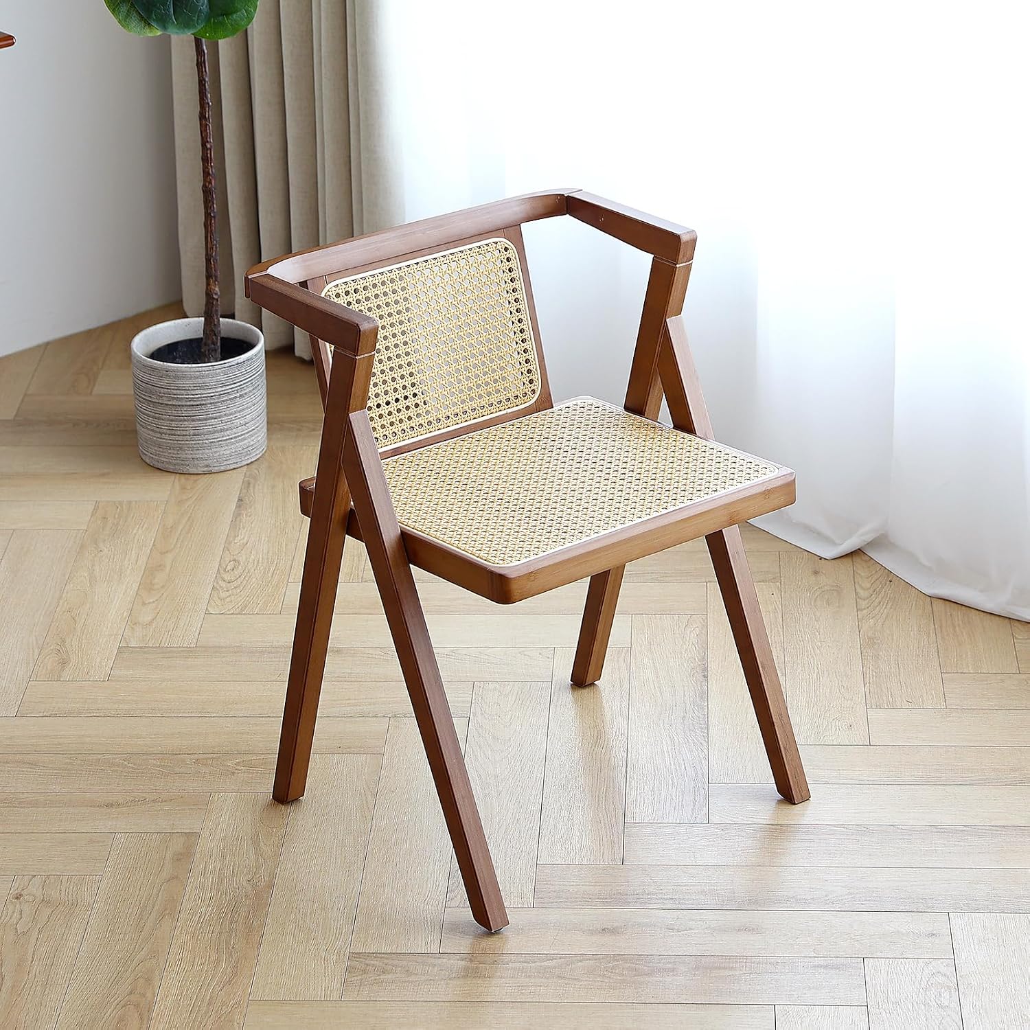 Mid Century Rattan Dining Chair, Wooden Cane Armchair for Home